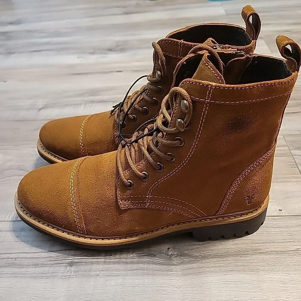 Frye Russell Boots Mens 9.5M‎ Brown Suede Leather Lace-Up Zip Side Stylish NEW